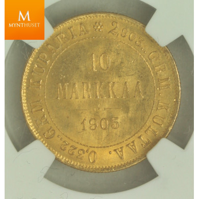 10 Markkaa 1905 L sjelden mynt høy gradering kvalitet 0/01, NGC MS65