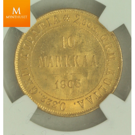 10 Markkaa 1905 L sjelden mynt høy gradering kvalitet 0/01, NGC MS65