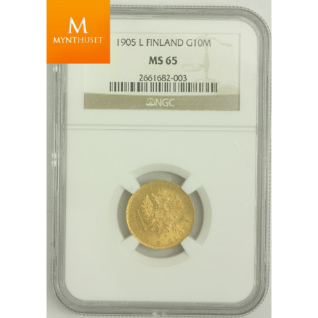 10 Markkaa 1905 L sjelden mynt høy gradering kvalitet 0/01, NGC MS65