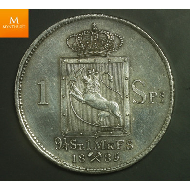1 Speciedaler 1835 kvalitet 0/01 EX Oslo Myntgalleri , mynt med god histrikk