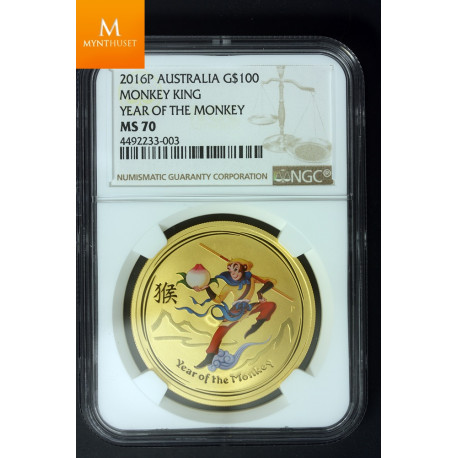2016P Australia Gold 100 Dollar Monkey King year of the Monkey kvalitet 0 , NGC MS70 ! Svært sjelden Mintage 41!