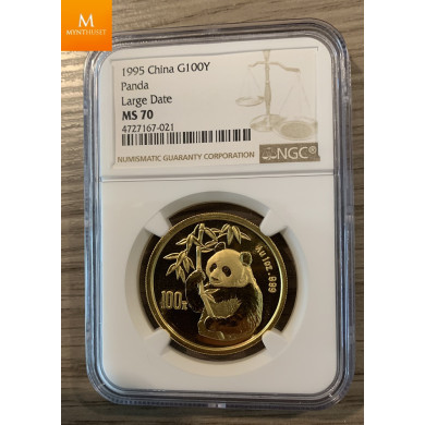 Kina 100 Yuan 1 oz gull Panda 1995 Large Date kvalitet 0 , NGC MS70