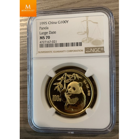 Kina 100 Yuan 1 oz gull Panda 1995 Large Date kvalitet 0 , NGC MS70
