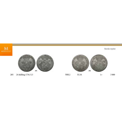 24 skilling 1734 S.3 kvalitet 1+ EX Oslo Myntgalleri auksjon 7 storsamler Erik R. Gjertsens samling