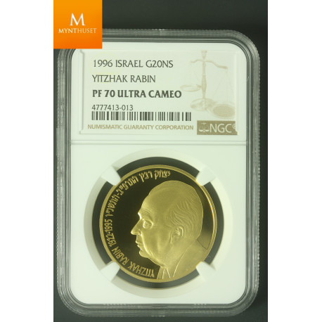Israel 20 New Sheqalim 1996 Yitzhak Rabin 1 0z gull 999 kvalitet Proof, NGC PF70 UCAM