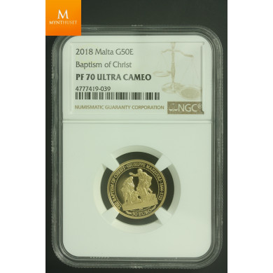Malta Gull 50 Euro 2018 kvalitet Proof, NGC PF70 UCAM opplag kun 500 mynter