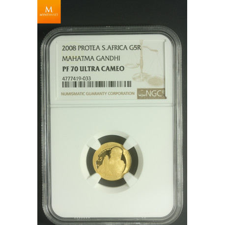 2008 Sør Afrika gull 5 Rand Gandhi kvalitet proof, NGC PF70 UCAM