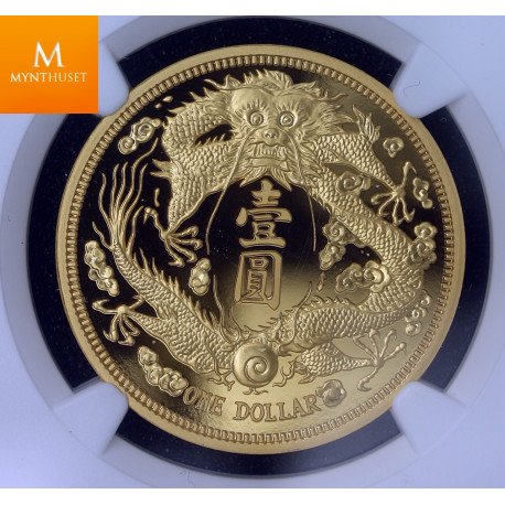 Sjelden! 2020 China 1 oz Gold 999 Long Whiskered Dragon Dollar Restrike NGC PF70