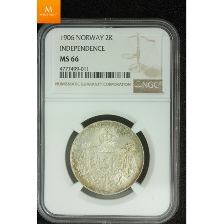 2 kroner 1906 stort skjold kvalitet 0, NGC MS66