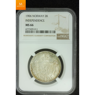 2 kroner 1906 stort skjold kvalitet 0, NGC MS66