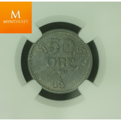 50 øre 1945 Zink kvalitet 0 , NGC MS64 Ex Roschberg
