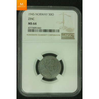 50 øre 1945 Zink kvalitet 0 , NGC MS64 Ex Roschberg