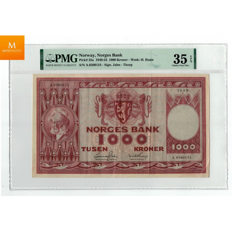 1000 kroner 1949 kvalitet 1, PMG VF35 EPQ
