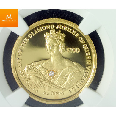 Sierra Leone gull 100 dollar 1997 med diamant, kvalitet proof, NGC PF69