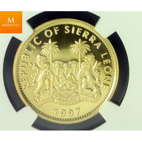 Sierra Leone gull 100 dollar 1997 med diamant, kvalitet proof, NGC PF69
