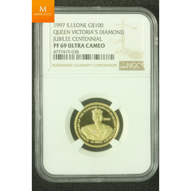 Sierra Leone gull 100 dollar 1997 med diamant, kvalitet proof, NGC PF69