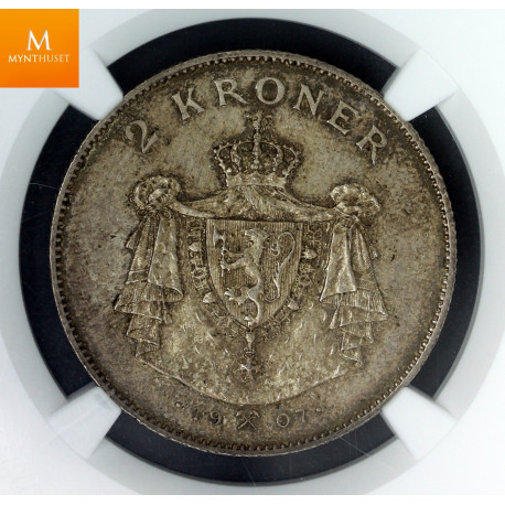 2 kroner gevær 1907 kvalitet god 01, NGC MS62