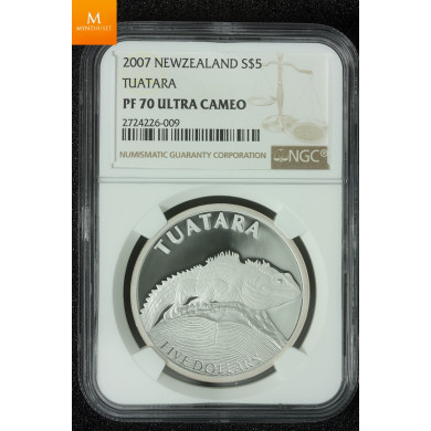 NEW ZEALAND 2007 $5 DOLLAR TUATARA Perfekt kv proof, NGC PF70