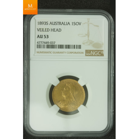 Australia 1 sovereign 1893 S kvalitet 1+/01 , NGC AU53