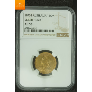 Australia 1 sovereign 1893 S kvalitet 1+/01 , NGC AU53