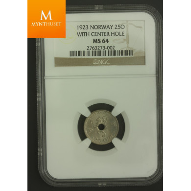 25 øre 1923 med hull kvalitet 0, NGC MS64