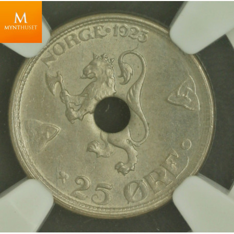 25 øre 1923 med hull kvalitet 0, NGC MS64