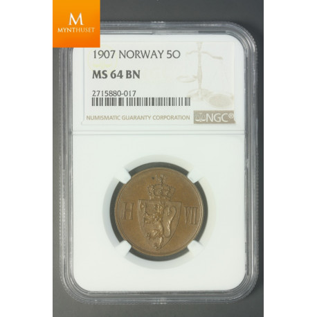 5 øre 1907 kvalitet 0, NGC MS64 BN