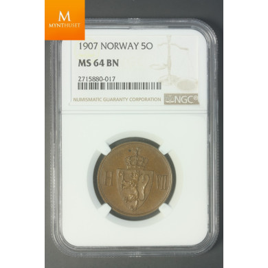 5 øre 1907 kvalitet 0, NGC MS64 BN