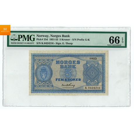 5 kroner 1953 K kvalitet 0, PMG MS66 EPQ