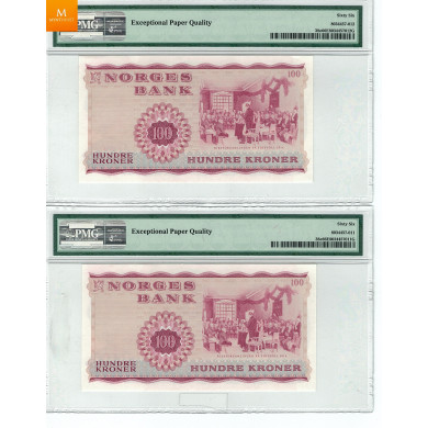 2 x 100 kroner erstattning 1971 X i nummerserie kvalitet 0, PMG MS66 EPQ