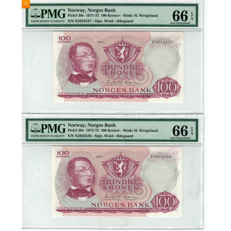 2 x 100 kroner erstattning 1971 X i nummerserie kvalitet 0, PMG MS66 EPQ