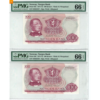 2 x 100 kroner erstattning 1971 X i nummerserie kvalitet 0, PMG MS66 EPQ