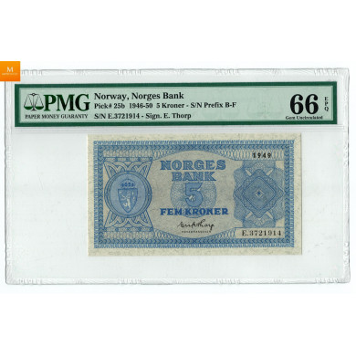 5 kroner 1949 E kvalitet 0, PMG MS66 EPQ