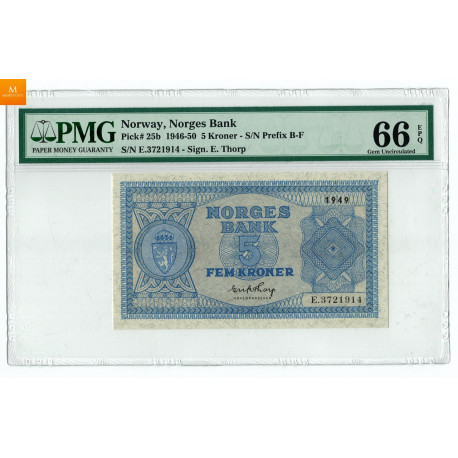 5 kroner 1949 E kvalitet 0, PMG MS66 EPQ