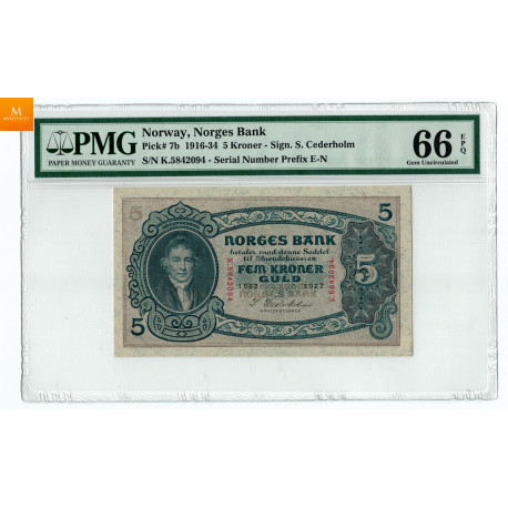5 krone 1927 K kvalitet 0, PMG MS66 EPQ