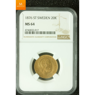 Sweden 20 kronor 1876 ST uten hjerteskjold kvalitet 0/01, NGC MS64