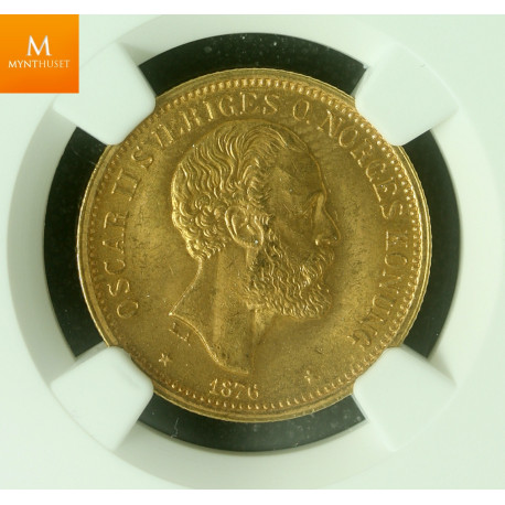 Sweden 20 kronor 1876 ST uten hjerteskjold kvalitet 0/01, NGC MS64