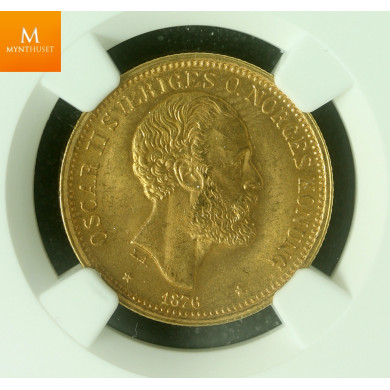 Sweden 20 kronor 1876 ST uten hjerteskjold kvalitet 0/01, NGC MS64