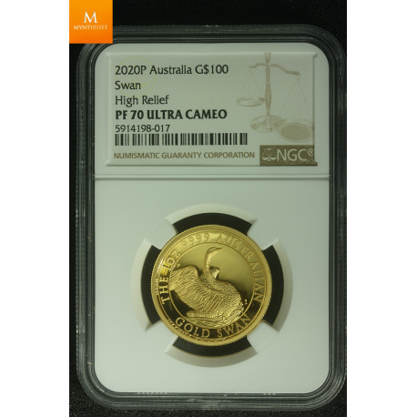 Australia 2020P 100 dollar gull Swan high relief kvalitet proof, NGC PF70 UCAM Sjelden