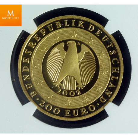 Germany 200 Euro 2002A 1 oz gull kvalitet proof, NGC PF70 UCAM
