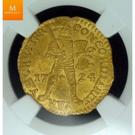 Rundeskatten gull dukat 1724 Utrecht kvalitet 0/01, NGC MS63
