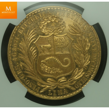 Peru gull 100 Soles 1954 kvalitet 0/01, NGC MS64 Nydelig stor gullmynt