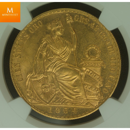 Peru gull 100 Soles 1954 kvalitet 0/01, NGC MS64 Nydelig stor gullmynt