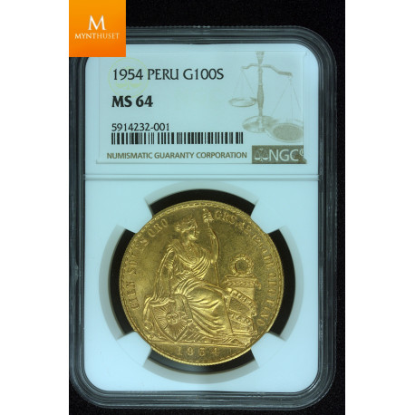 Peru gull 100 Soles 1954 kvalitet 0/01, NGC MS64 Nydelig stor gullmynt