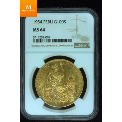 Peru gull 100 Soles 1954 kvalitet 0/01, NGC MS64 Nydelig stor gullmynt