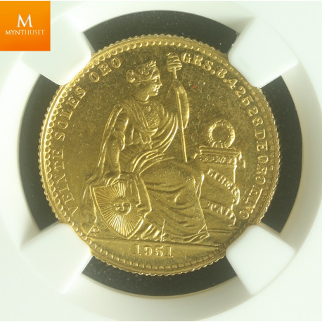 Peru Republic gull 20 Soles 1951Kvalitet : 0/01 , NGC MS65 Proof like