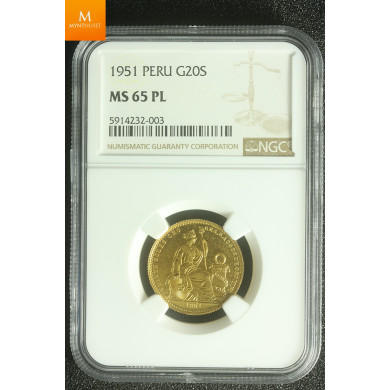Peru Republic gull 20 Soles 1951Kvalitet : 0/01 , NGC MS65 Proof like