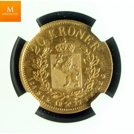 20 kroner 1877 kvalitet 0/01, NGC MS64