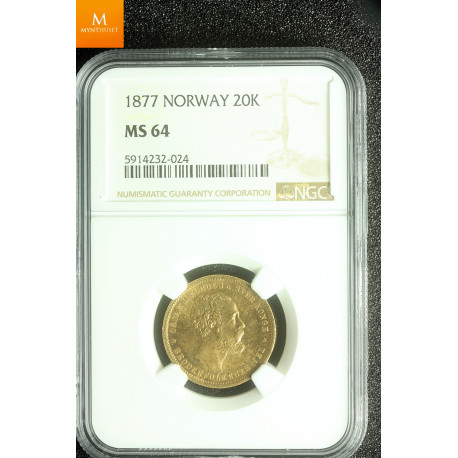 20 kroner 1877 kvalitet 0/01, NGC MS64