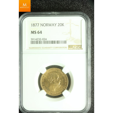 20 kroner 1877 kvalitet 0/01, NGC MS64